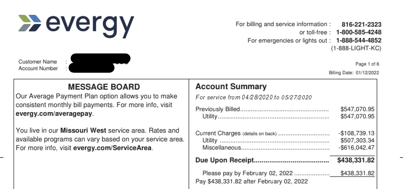 Evergy corrected billing statement for a national protein processing company, showing current charges for the April 28 to May 27, 2020 service period net of a $108,739 credit. Customer name and account number are redacted.